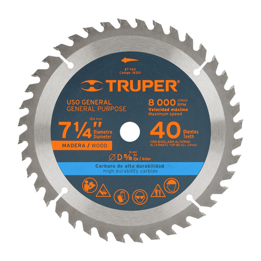 Disco de corte para madera 7-1/4" 40 dientes Truper - 1