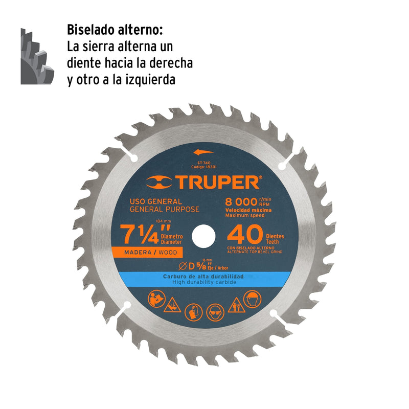 Disco de corte para madera 7-1/4" 40 dientes Truper - 2