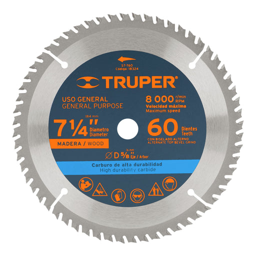 Disco de corte para madera 7-1/4" 60 dientes Truper - 1