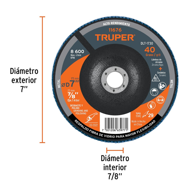 Disco de lija para amoladora 7 #40 Truper - 2