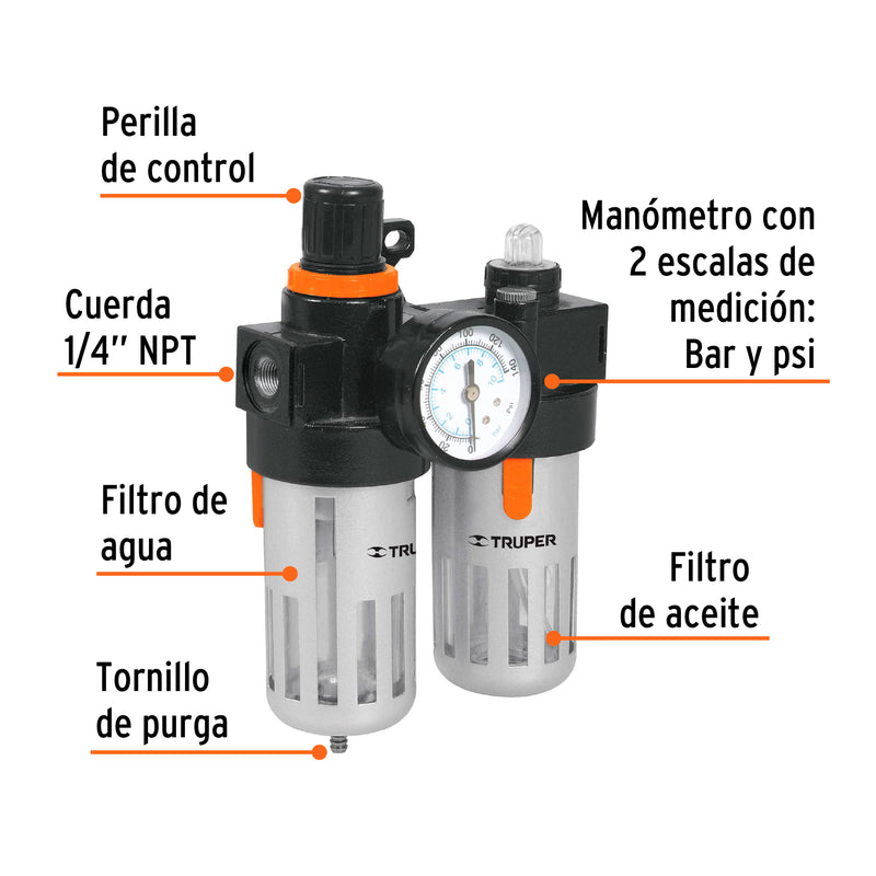Filtro regulador de aire para compresor con módulo de lubricación 19238 Truper - 2