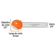 Fresa para ruteadora Corte Media Caña 1/2" 11462 Truper - 3