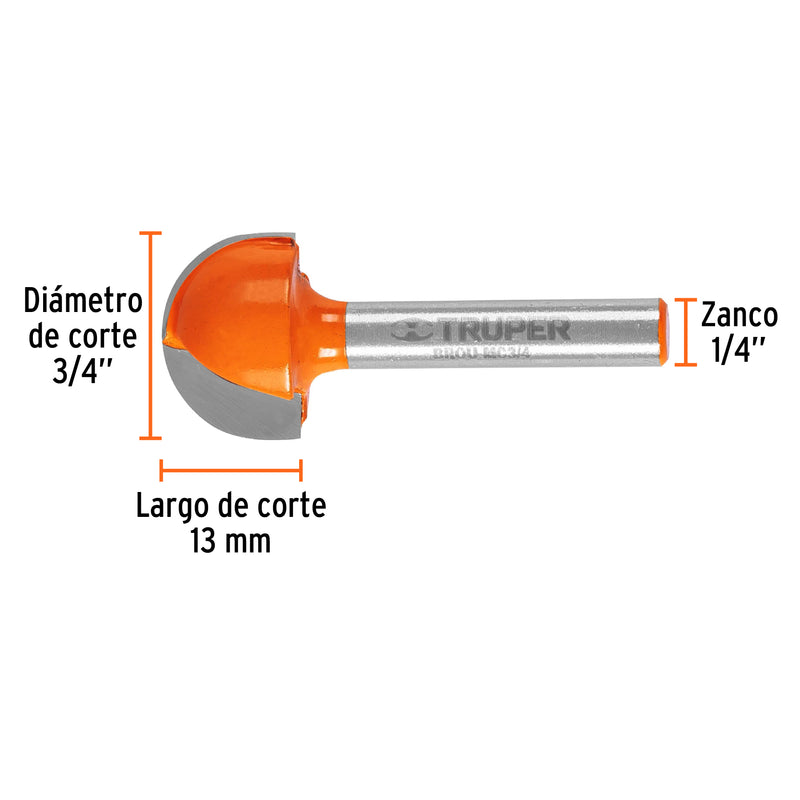 Fresa para ruteadora Corte Media Caña 3/4" 11463 Truper - 3