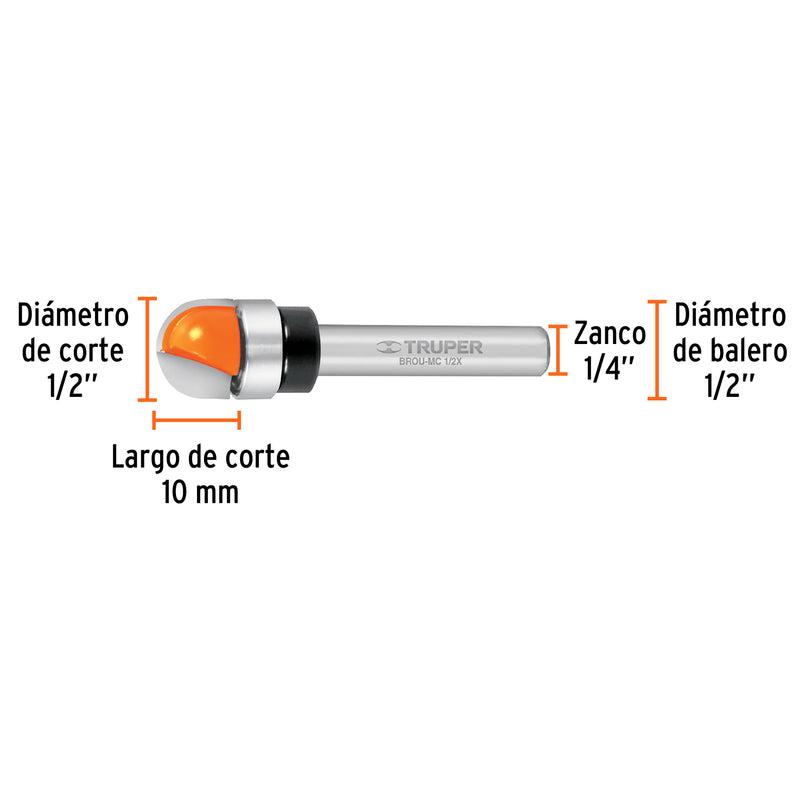 Fresa para ruteadora corte Media Caña 1/2" Con Rodaje 11464 Truper - 3