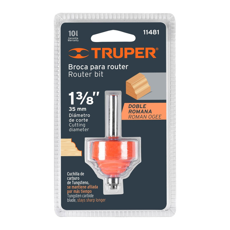 Fresa para ruteadora moldura doble romana, 1-3/8" con rodamiento 11481 Truper - 2