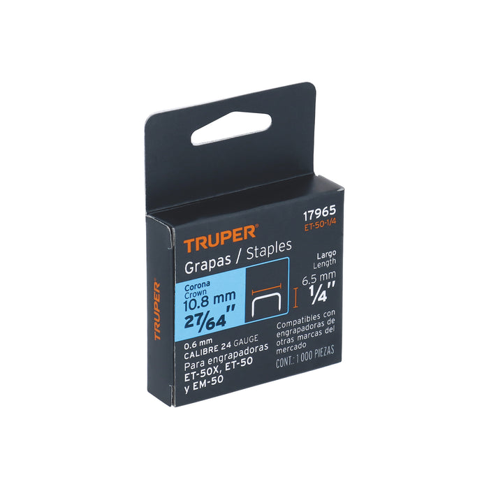 Grapa para madera 1/4" calibre 24 x 1000 pzas Truper