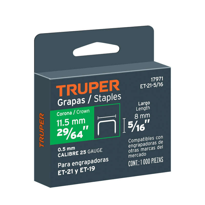 Grapa para madera 5/16" calibre 25 x 1000 pzas Truper