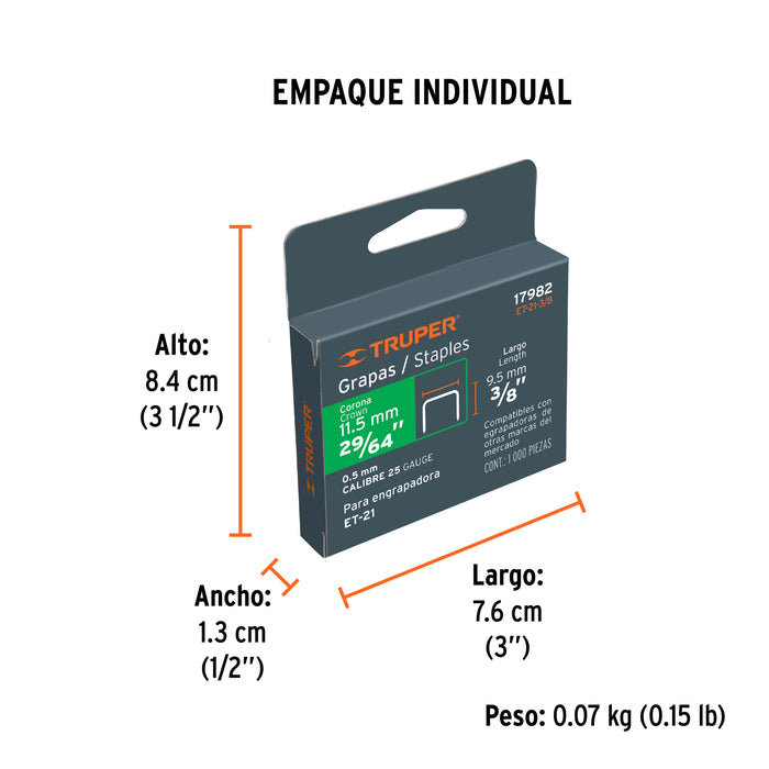 Grapa para madera 3/8" calibre 25 x 1000 pzas Truper