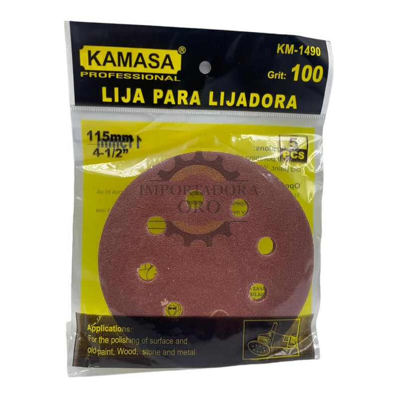 Lija para amoladora velcro 4.1/2 #100 5 piezas Kamasa