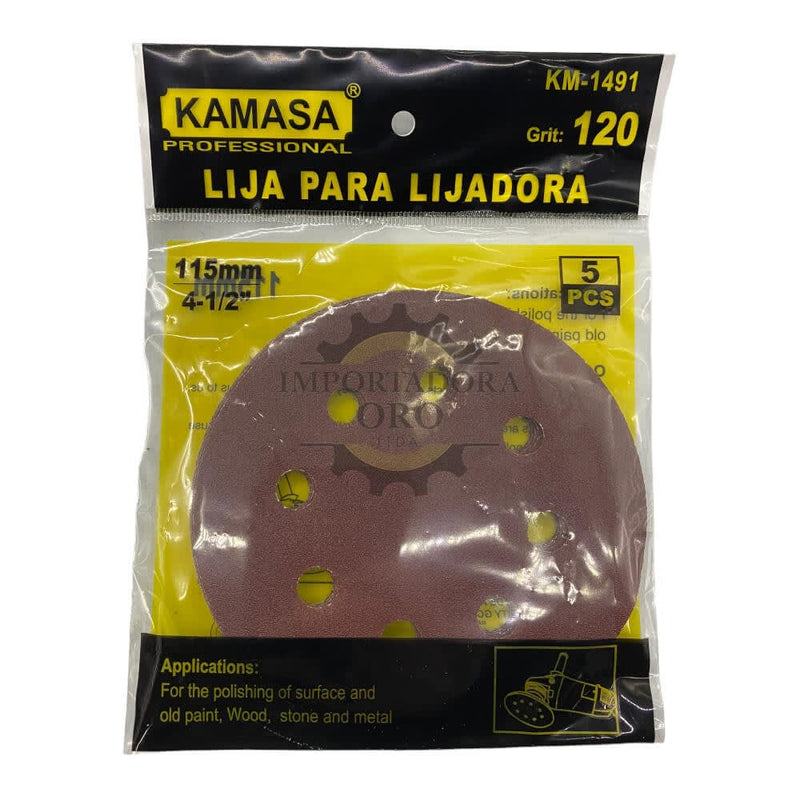 Lija para amoladora velcro 4.1/2 #120 5 piezas Kamasa