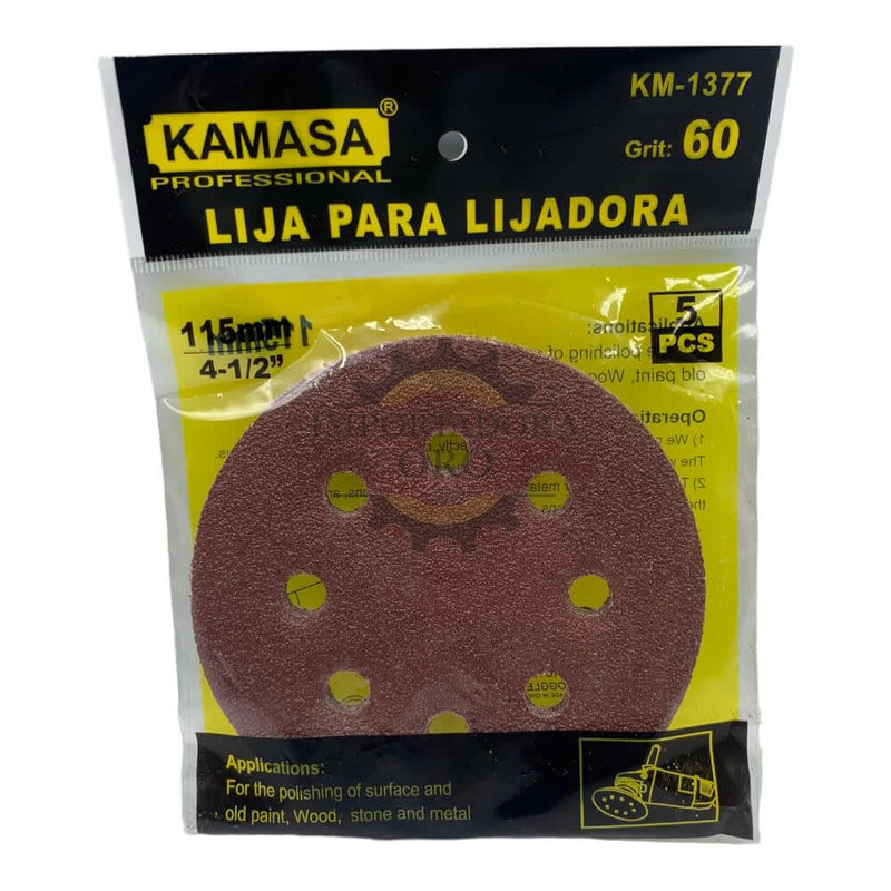 Lija para amoladora velcro 4.1/2 #60 5 piezas Kamasa
