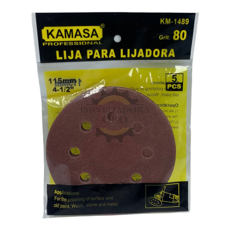 Lija para amoladora velcro 4.1/2 #80 5 piezas Kamasa